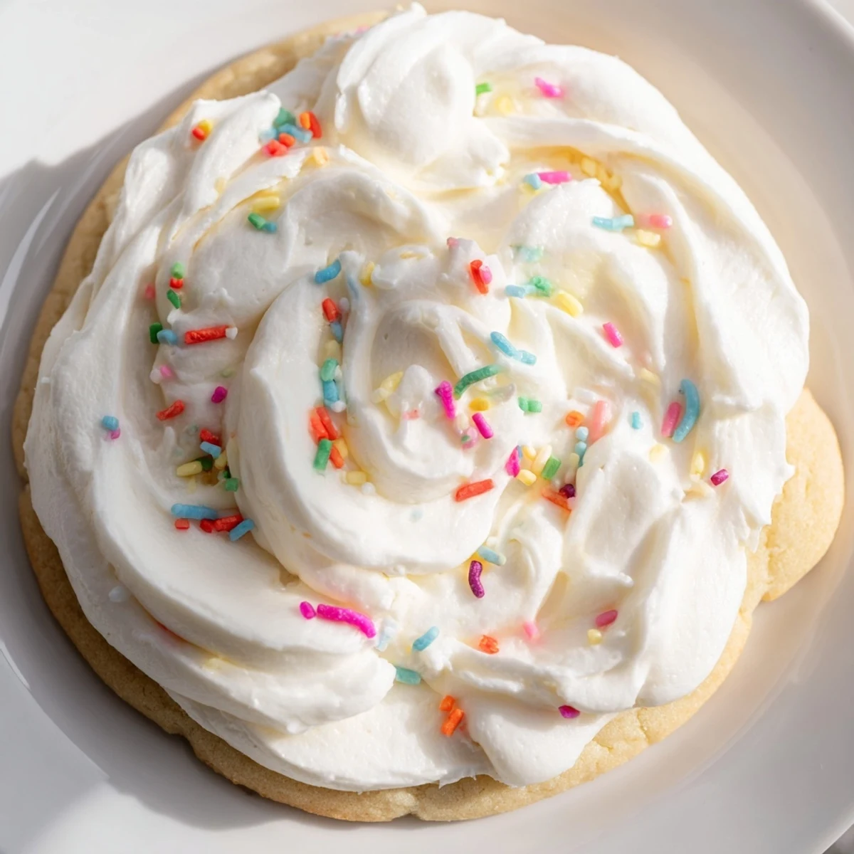 Tender Soft Sour Cream Sugar Cookies With Cream Cheese Frosting are stacked on a plate with colorful sprinkles.  