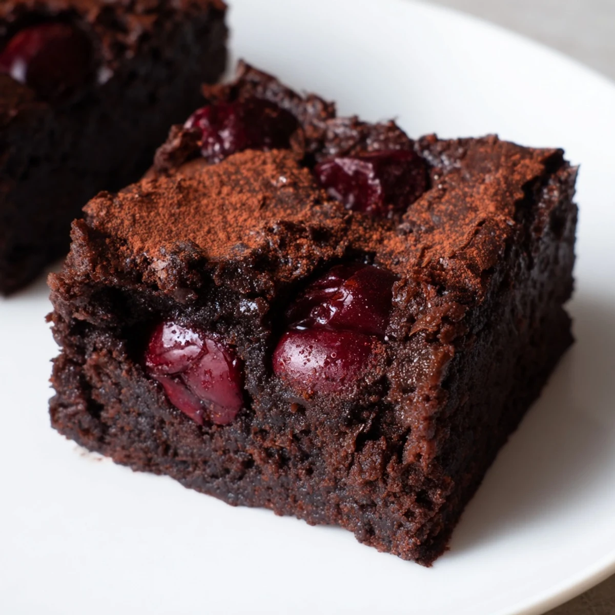 A close-up of Roasted Cherry Brownies with glossy fudgy texture and ruby-red roasted cherries scattered on top.