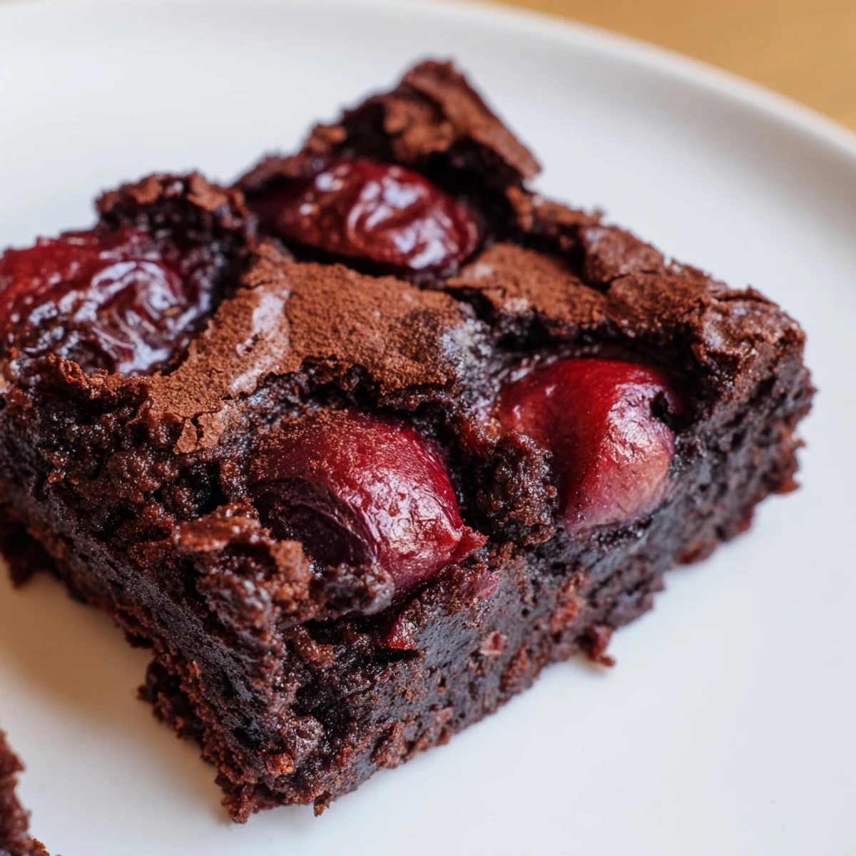 Fresh Roasted Cherry Brownies arranged on a white plate, topped with extra cherries and drizzled chocolate sauce.