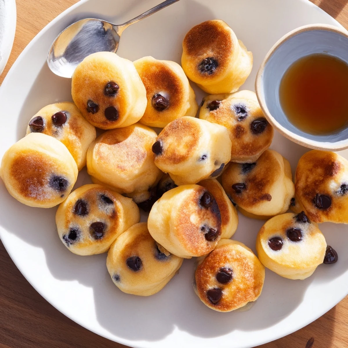 These bite-sized mini pancakes feature a tender center and are served warm for breakfast or brunch.
