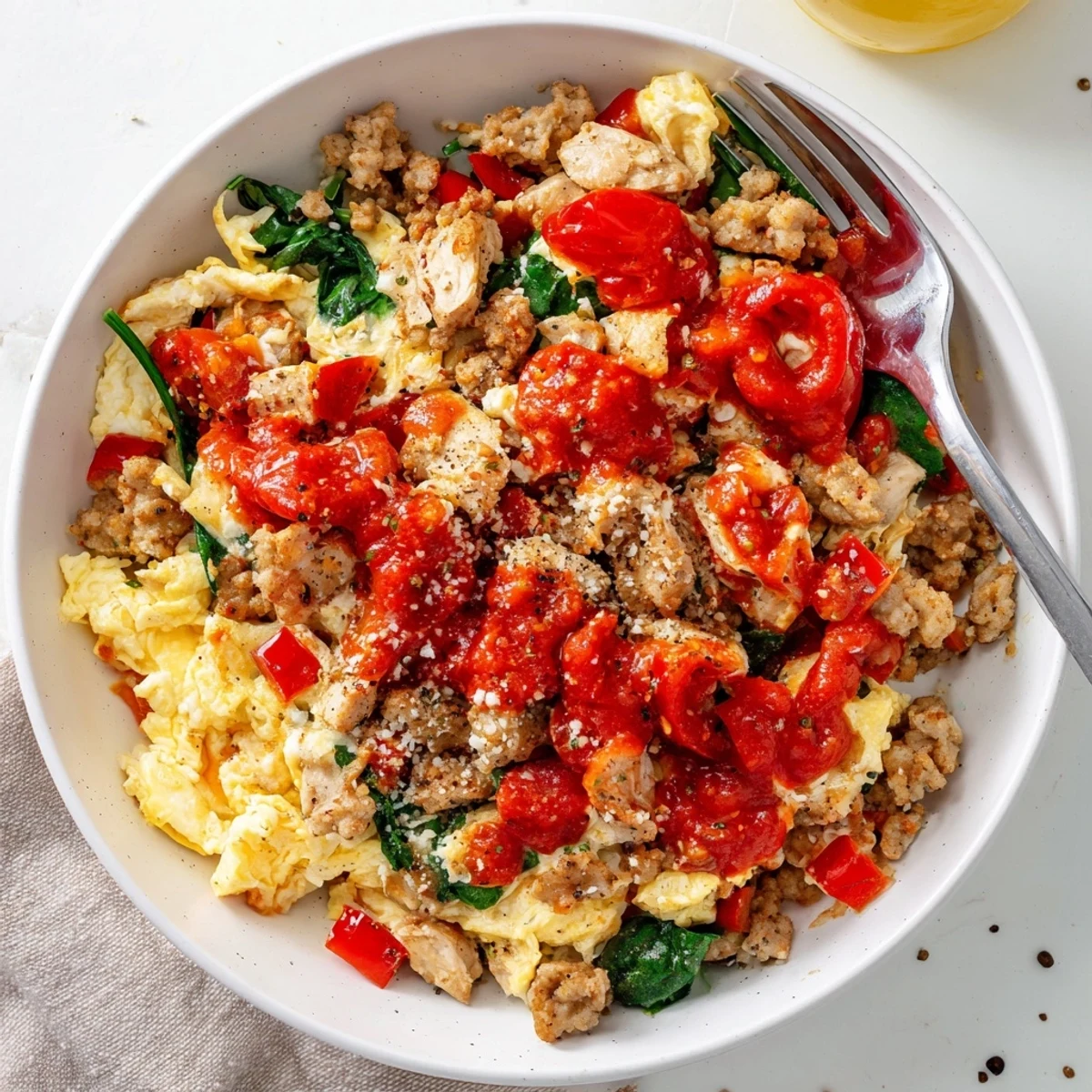 Steamy melted mozzarella and Parmesan top a savory High Protein Breakfast Pizza Bowl with eggs, chicken, and veggies.