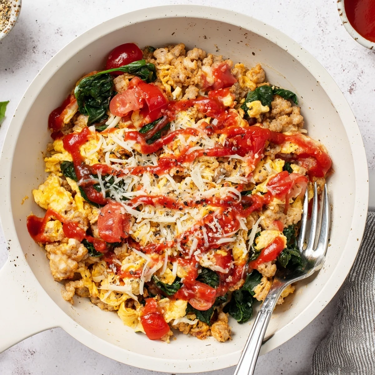 A close-up of the High Protein Breakfast Pizza Bowl shows golden cheese and colorful bell peppers on a rustic table.
