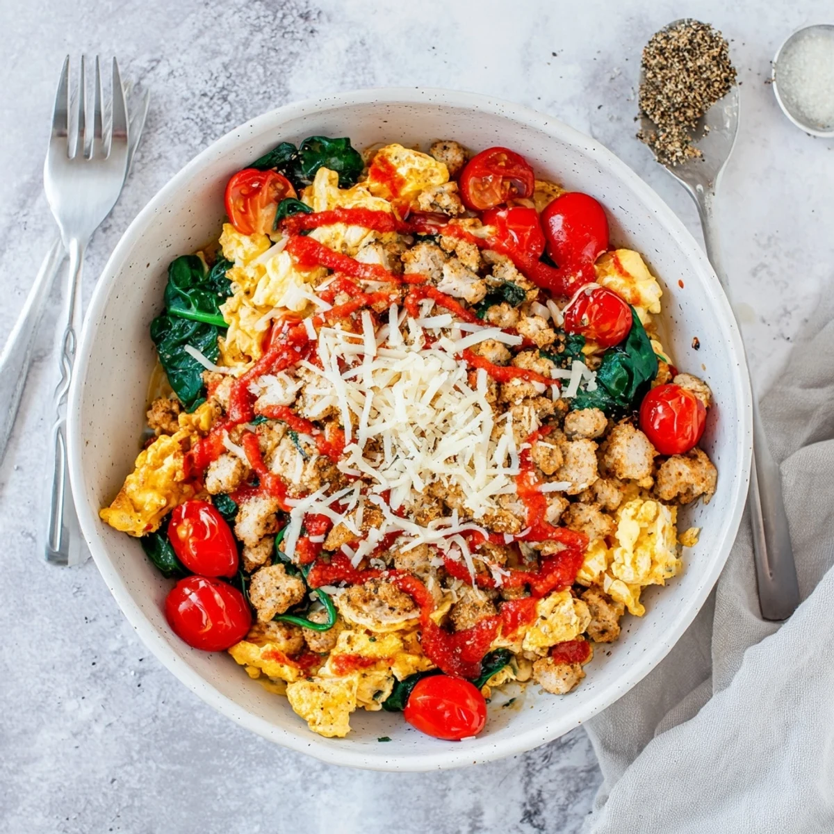 Enjoy a hearty High Protein Breakfast Pizza Bowl garnished with fresh basil and a side of whole grain toast.