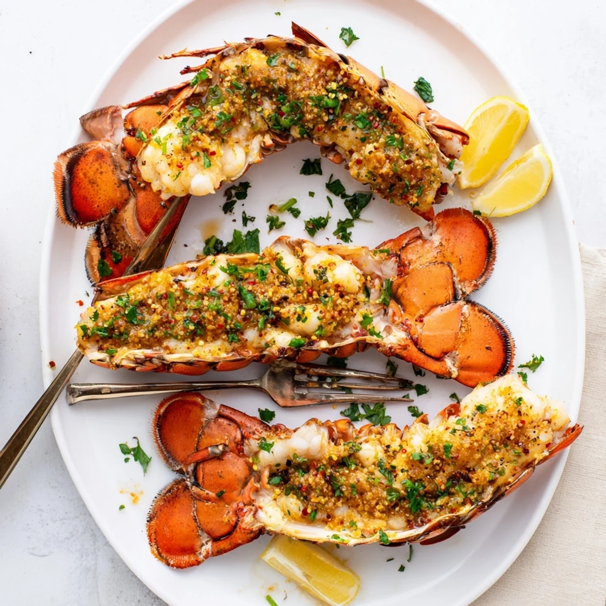 Freshly cooked Garlic Butter Lobster Tails brushed with aromatic garlic butter for dinner.