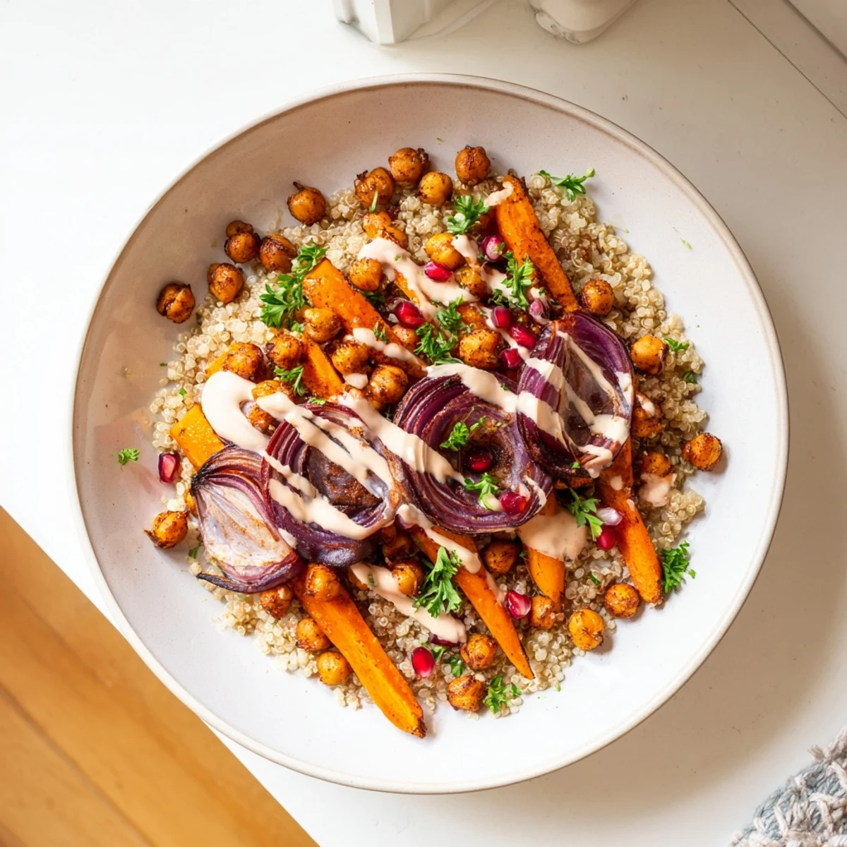 A creamy tahini dressing drizzles across the One Pan Roasted Carrot Chickpea Bowl, served alongside a scoop of quinoa.