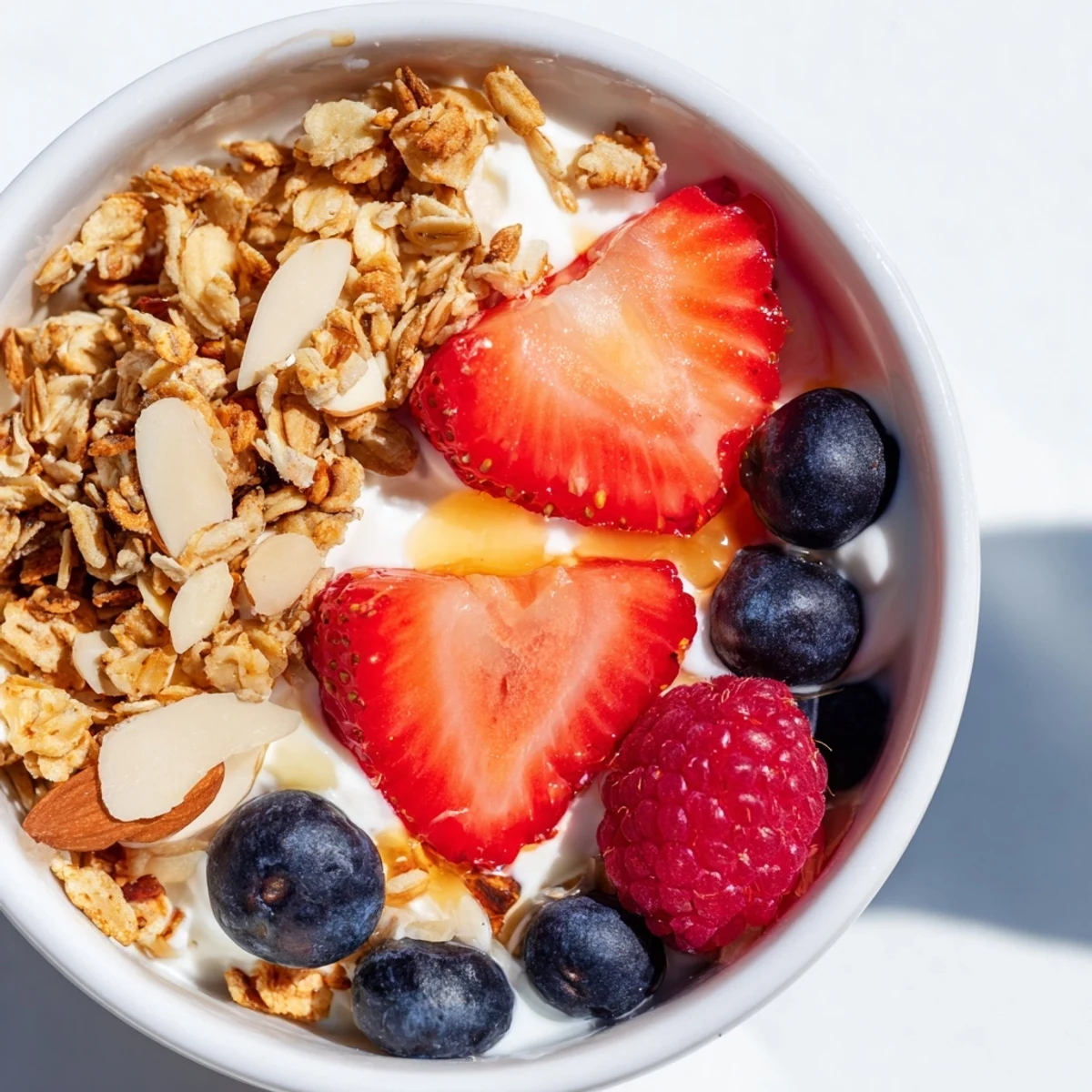 Colorful bowl of Easy Yogurt Granola Bowls 4 Ways topped with fresh berries, sliced almonds, and a honey drizzle.