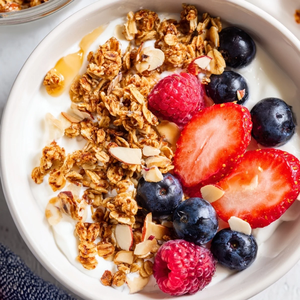 A tropical Easy Yogurt Granola Bowls 4 Ways with diced mango, coconut flakes, and crunchy cashews for breakfast.