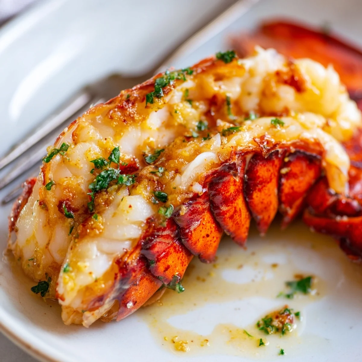 Air Fryer Lobster Tails glistening with melted garlic butter and fresh parsley on a plate.