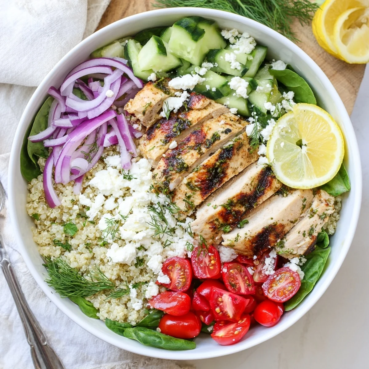 Juicy lemon herb grilled chicken quinoa bowl with fluffy quinoa, cherry tomatoes, cucumber, and feta on a rustic wooden table.  