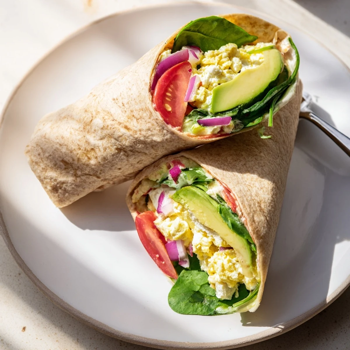 Freshly prepared High Protein Breakfast Wrap with Cottage Cheese and Avocado, featuring a warm whole wheat tortilla rolled tightly around a hearty filling of scrambled eggs, cottage cheese, ripe avocado, and bright red onion slices.