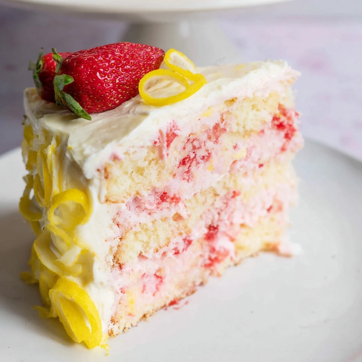 A slice of Strawberry Lemonade Cake With Creamy Lemon Buttercream on a plate, showing fluffy layers and fresh strawberry garnish.