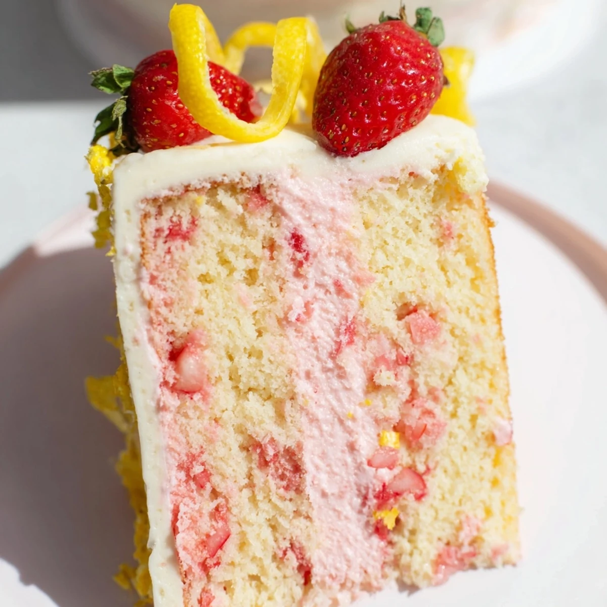 Serving suggestion for Strawberry Lemonade Cake With Creamy Lemon Buttercream with a glass of lemonade on a sunny table.