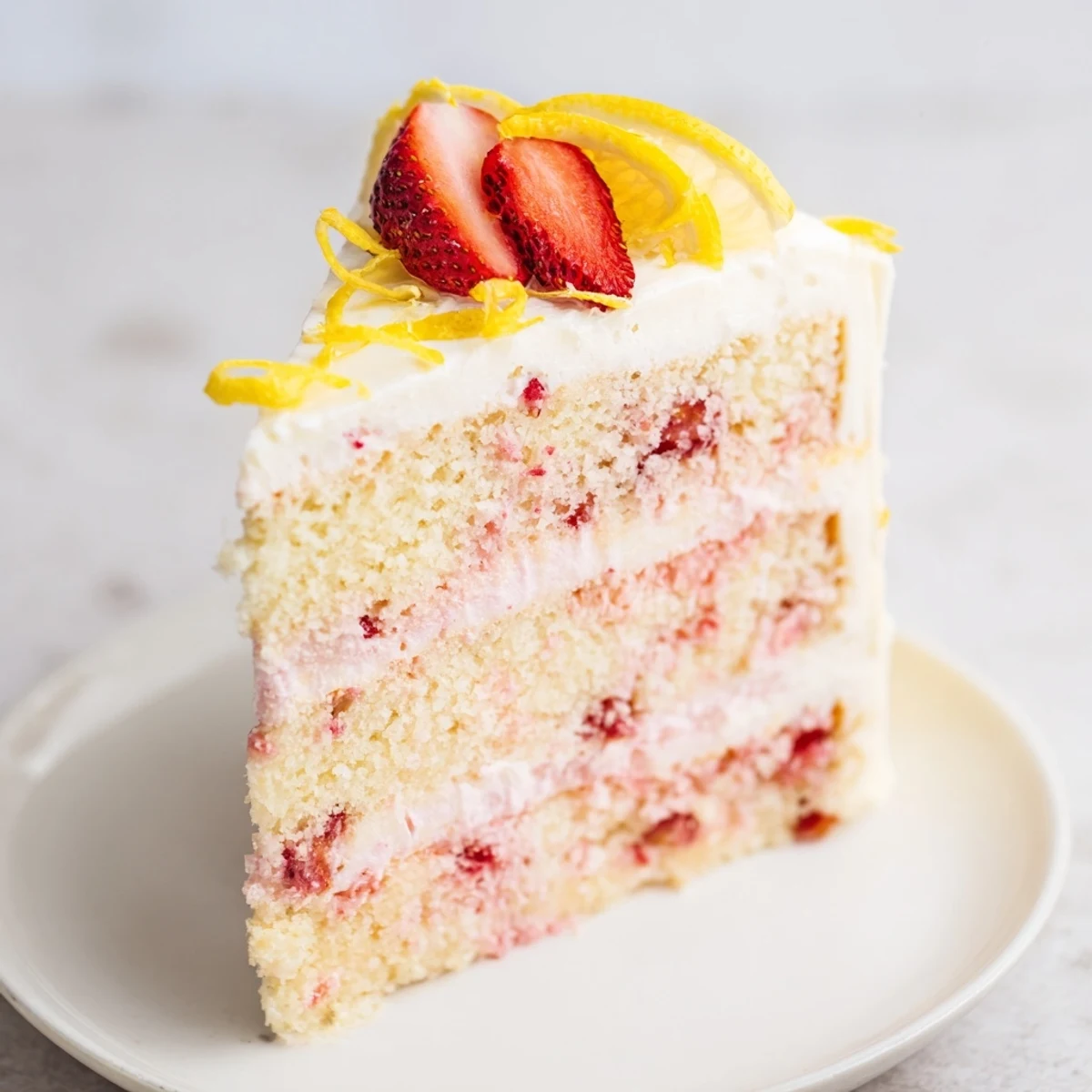 Moist Strawberry Lemonade Cake With Creamy Lemon Buttercream frosted and topped with lemon slices and berries.