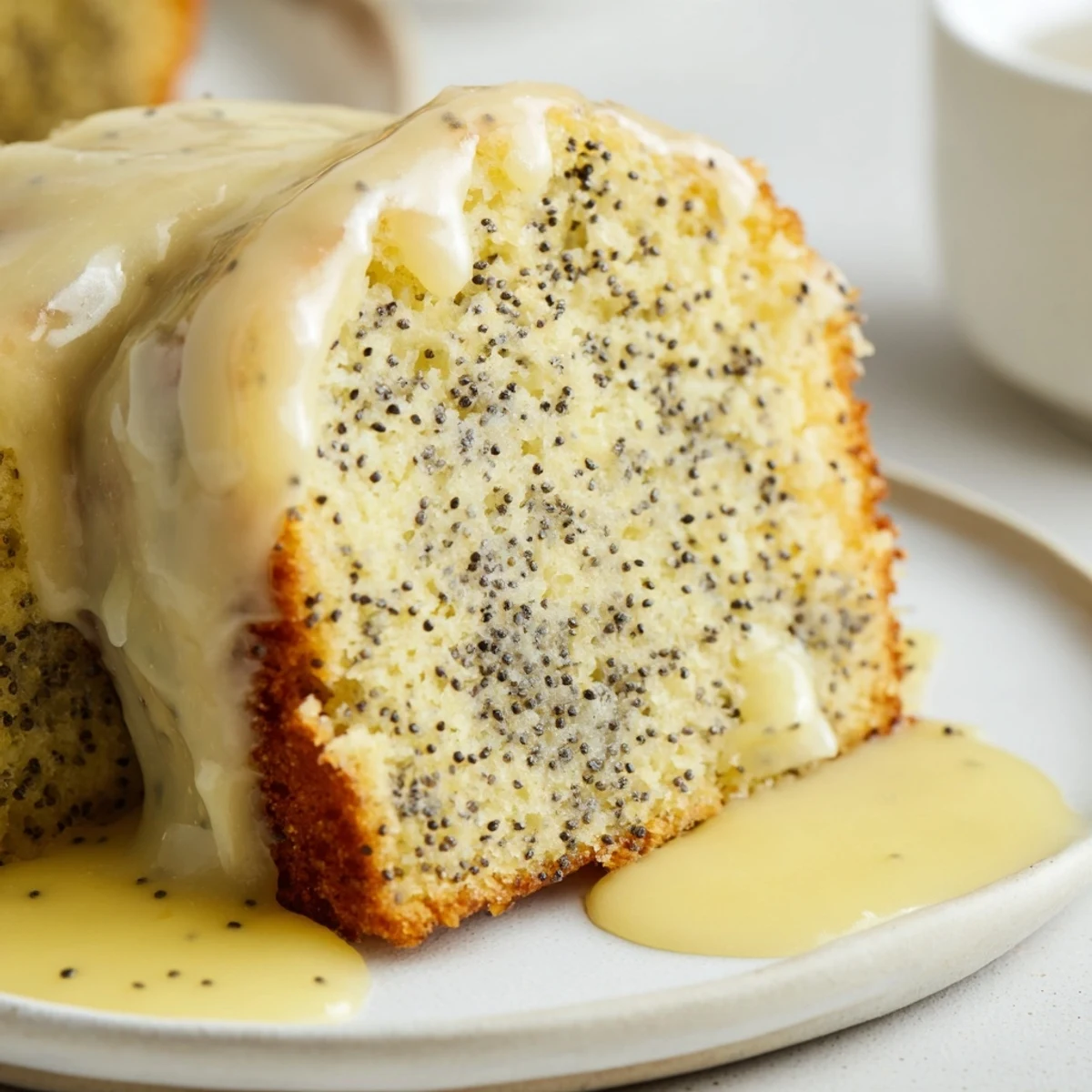 Sliced Lemon Poppy Seed Cake revealing moist crumb and poppy seeds, served with fresh lemon wedges.