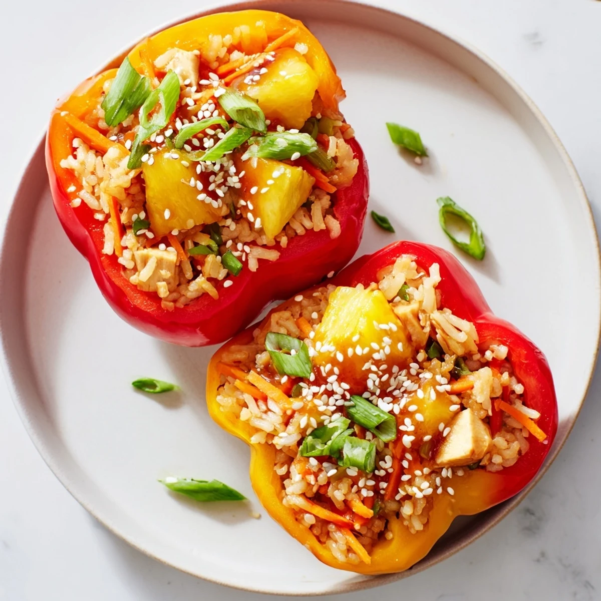 Teriyaki Pineapple Chicken and Rice Stuffed Peppers served on a white plate with fresh cilantro, perfect for a vibrant weeknight dinner.  