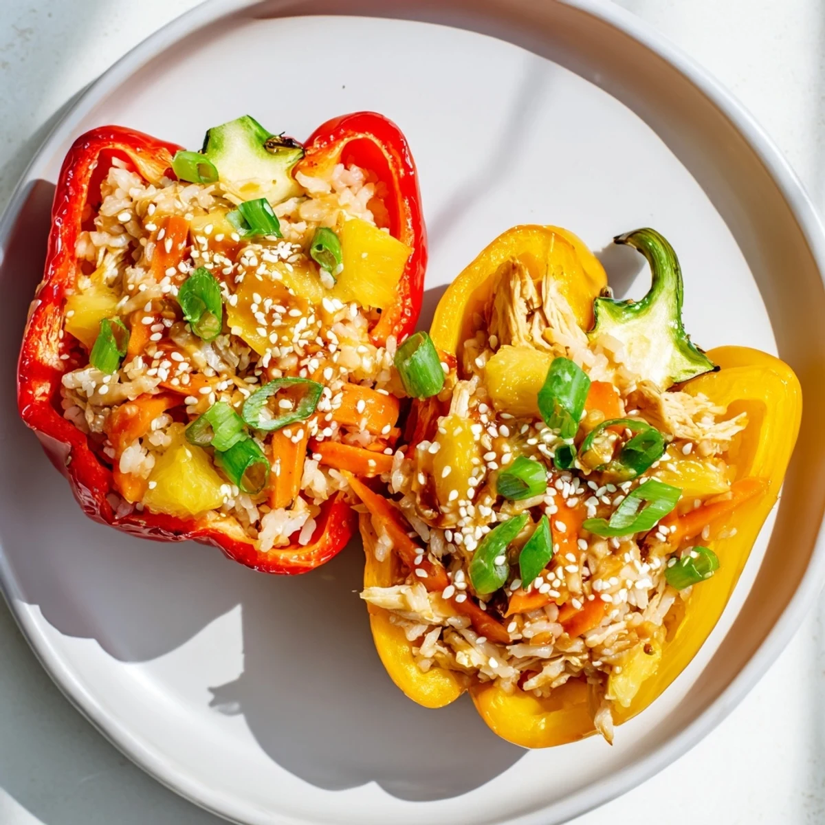 Roasted red and yellow bell peppers filled with tender teriyaki chicken, sweet pineapple chunks, and fluffy jasmine rice, topped with a glossy glaze and sesame seeds.  