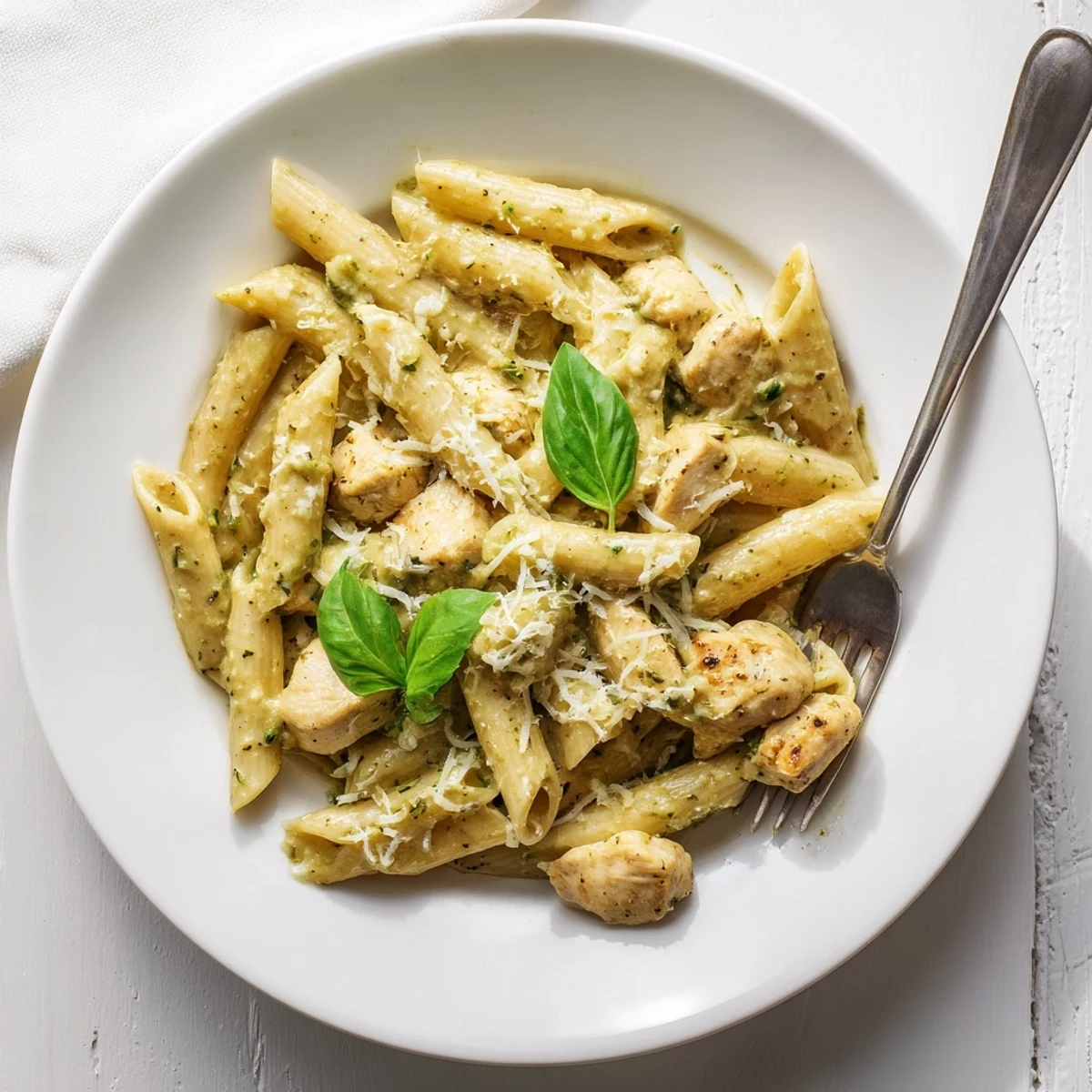 Close-up of creamy pesto chicken pasta with golden chicken and vibrant green basil pesto sauce, served on a white plate.