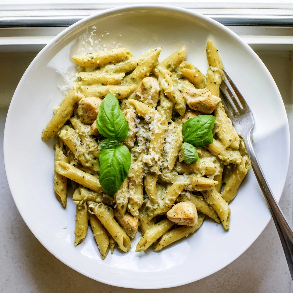 Steaming bowl of creamy pesto chicken pasta with penne, juicy chicken pieces, and fresh basil garnish on a rustic table. 