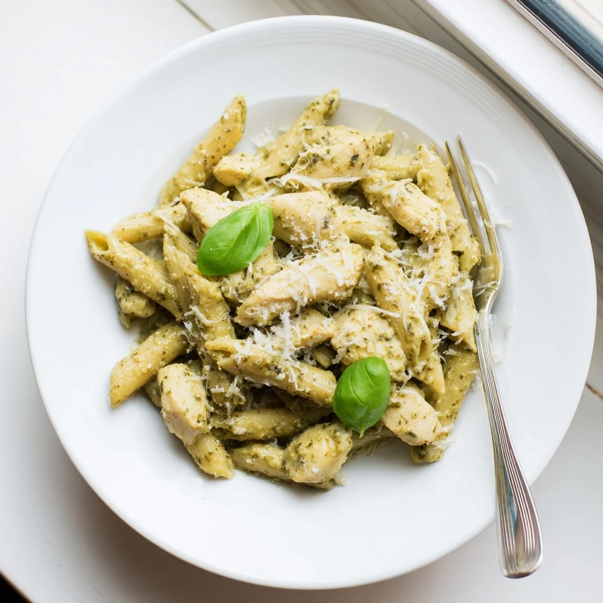 Creamy pesto chicken pasta tossed with al dente fettuccine and grated Parmesan, ready for a comforting weeknight dinner.