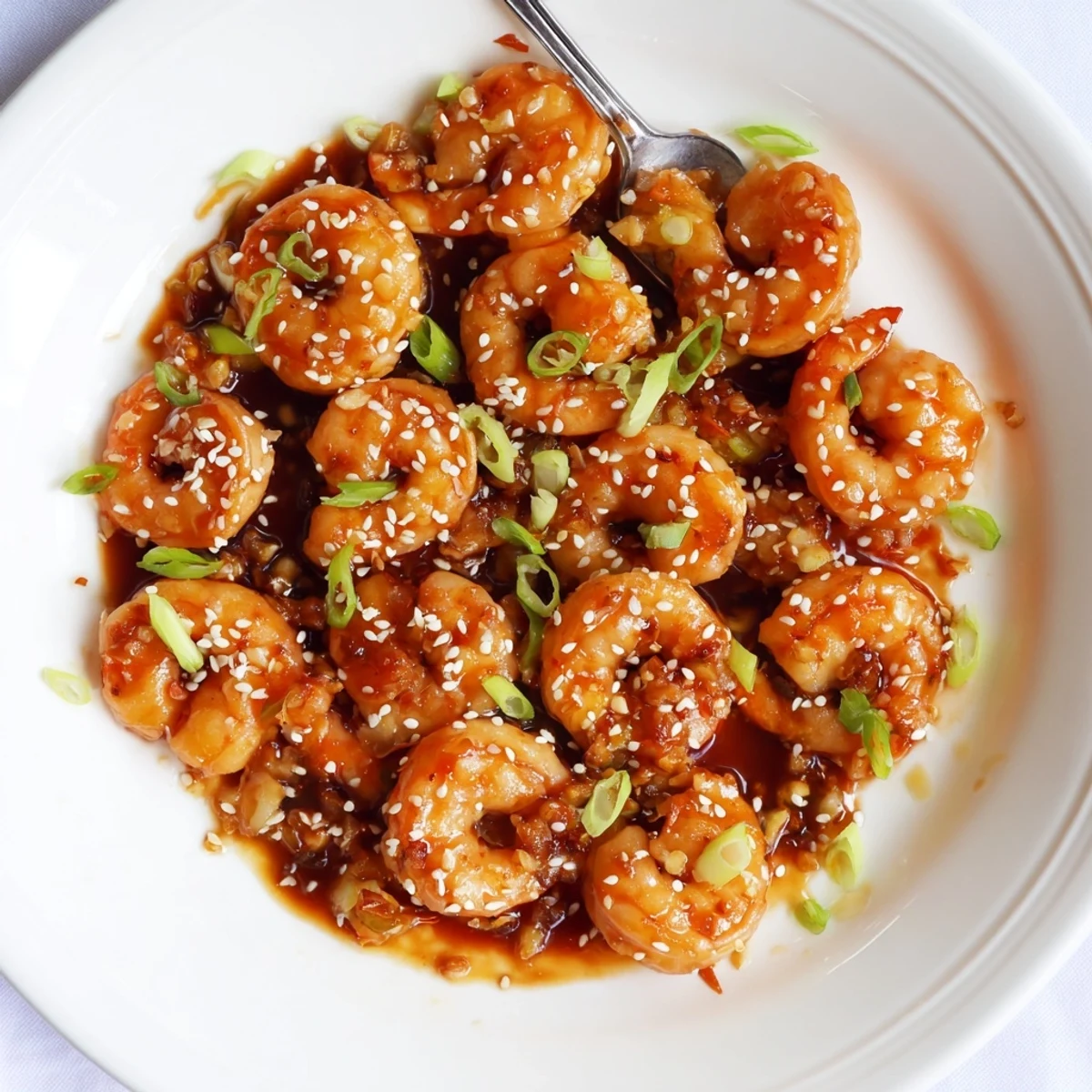 Juicy glazed High Protein Honey Garlic Shrimp piled high on fluffy white rice with green onions and sesame seeds.