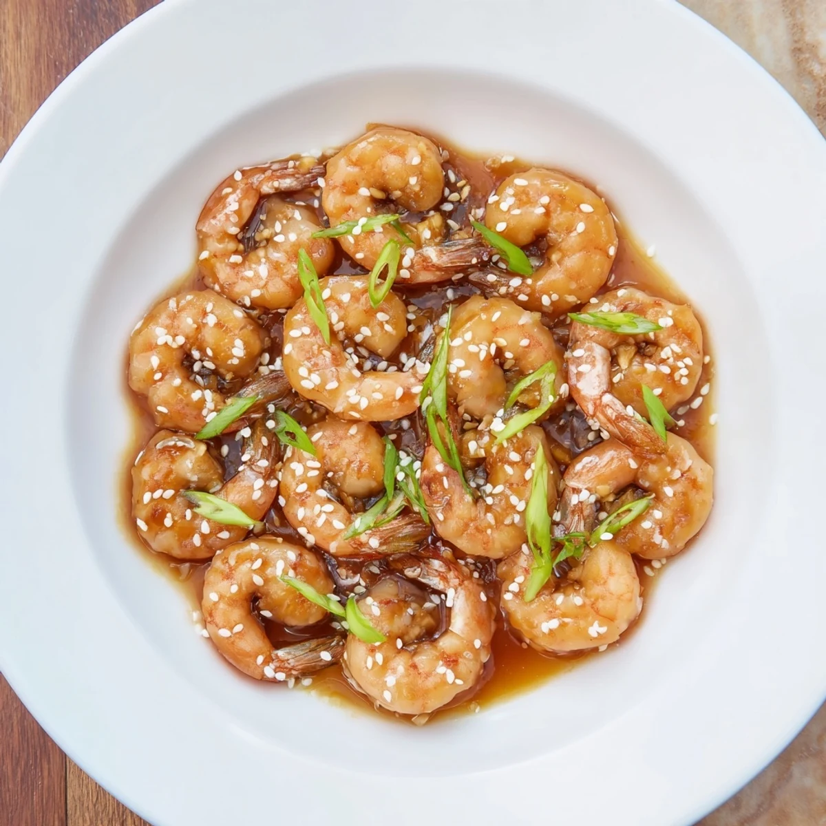 Sizzling High Protein Honey Garlic Shrimp in a glossy honey garlic sauce, served with steamed broccoli and a drizzle of sauce.