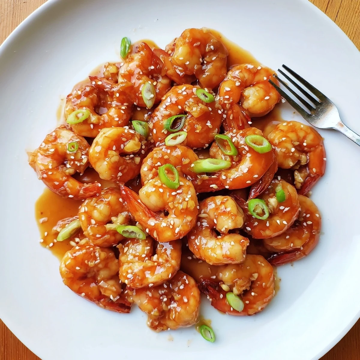Tender High Protein Honey Garlic Shrimp garnished with green onions and sesame seeds, paired with quinoa and colorful vegetables for a healthy meal.
