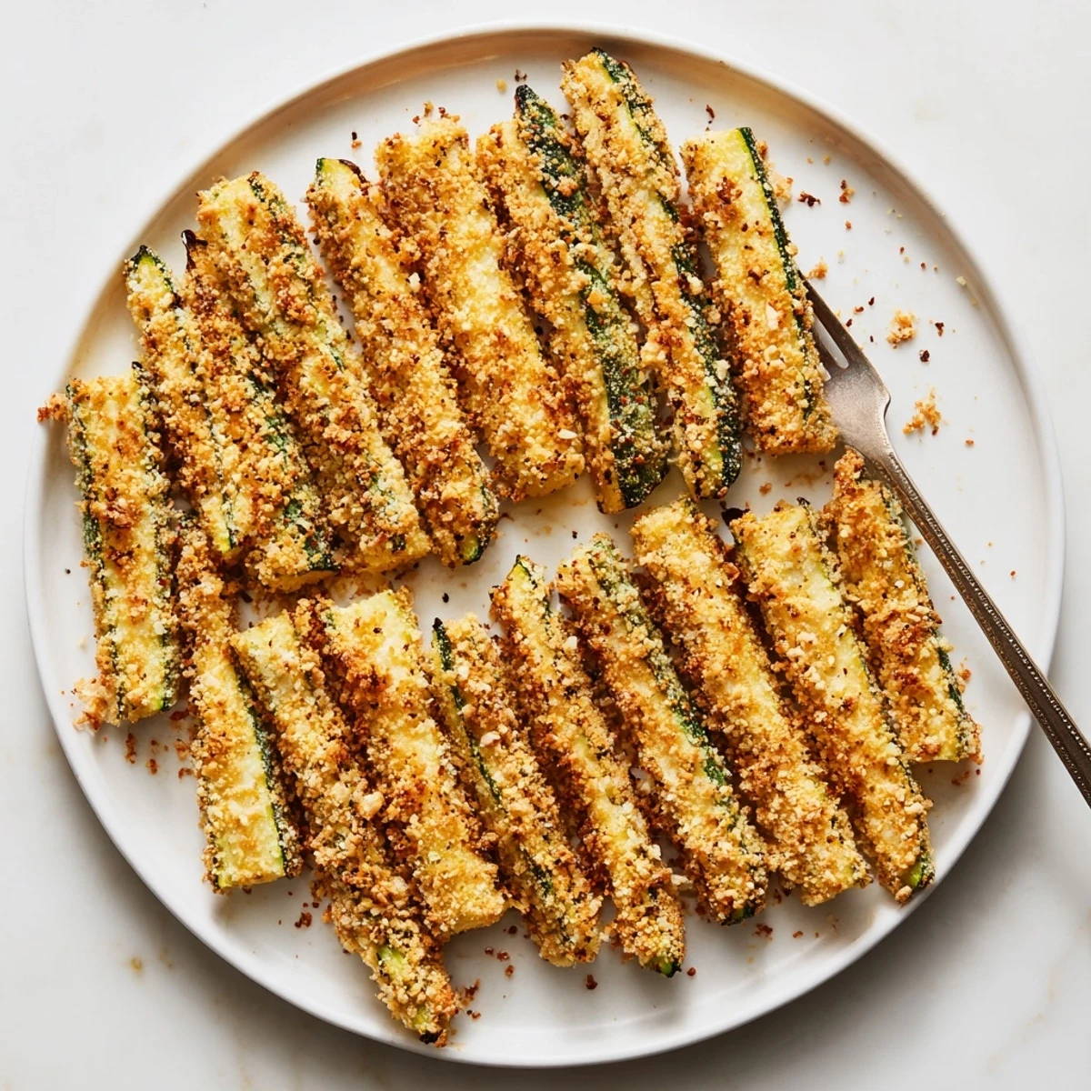 A close-up of golden Keto Baked Parmesan Zucchini Fries on a baking sheet, highlighting their savory Parmesan and herb crust.