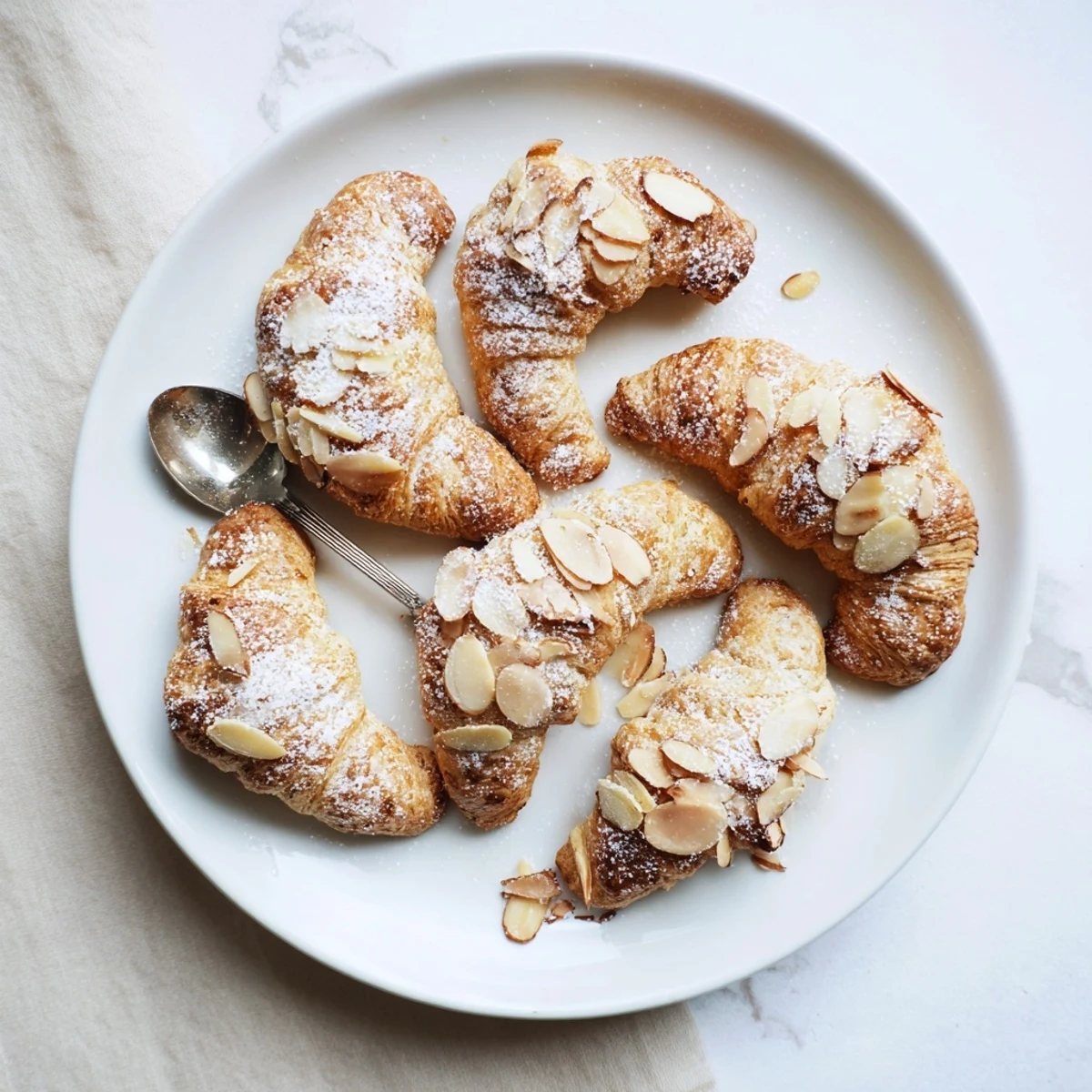 Freshly baked Almond Croissant Cookies arranged on a cooling rack with sliced almonds and powdered sugar. 