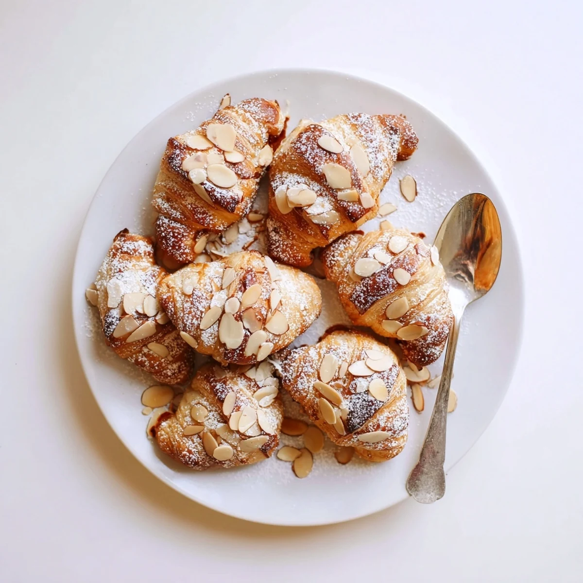 Close-up of Almond Croissant Cookies revealing a tender almond filling and crisp, crescent-shaped edges.