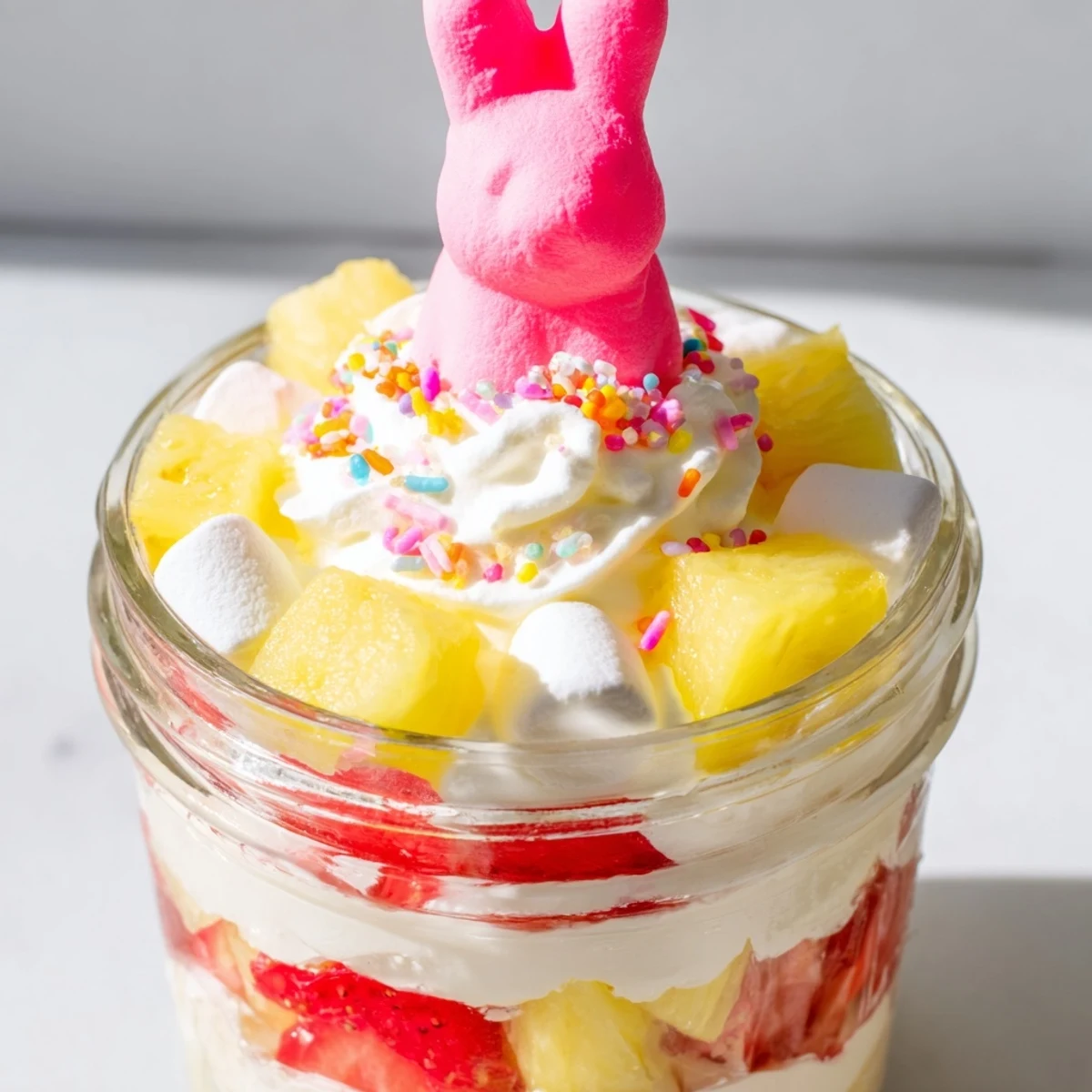 Layered Jello Pie Easter Bunny Parfait In A Jar with creamy strawberry lemon filling and fresh fruit.