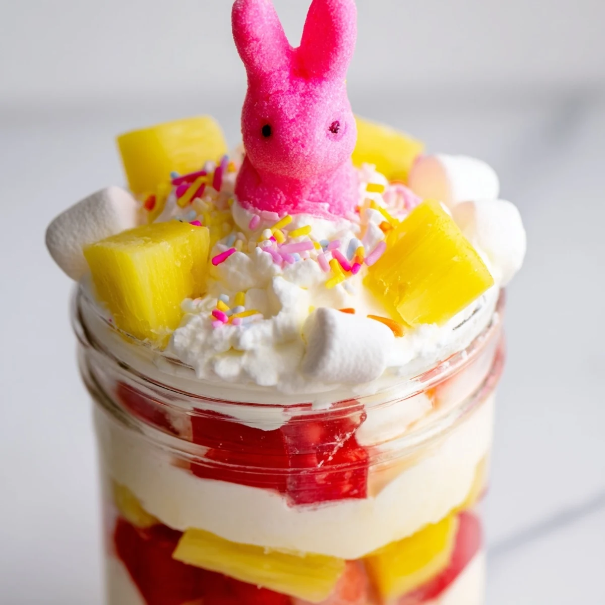 Serve this Jello Pie Easter Bunny Parfait In A Jar at spring celebrations with whipped cream.