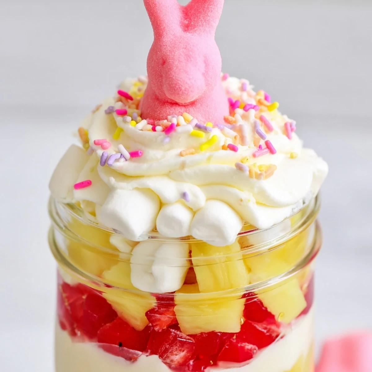 Individual jars of Jello Pie Easter Bunny Parfait show vibrant gelatin cubes and marshmallows.