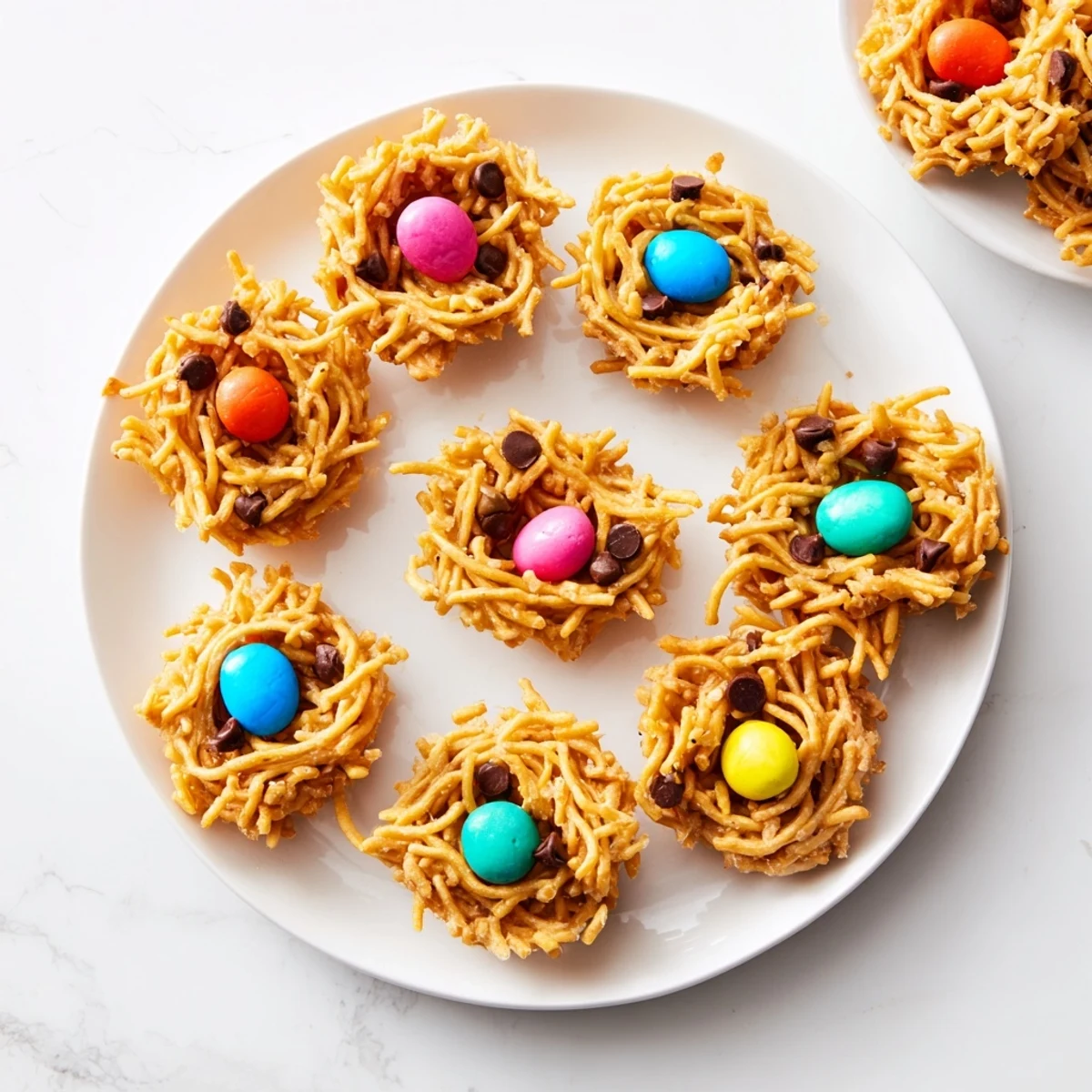 A close-up of Easter Birds Nest Cookies with Peanut Butter and Chocolate, showing crispy chow mein noodles coated in a glossy peanut butter and chocolate mixture.