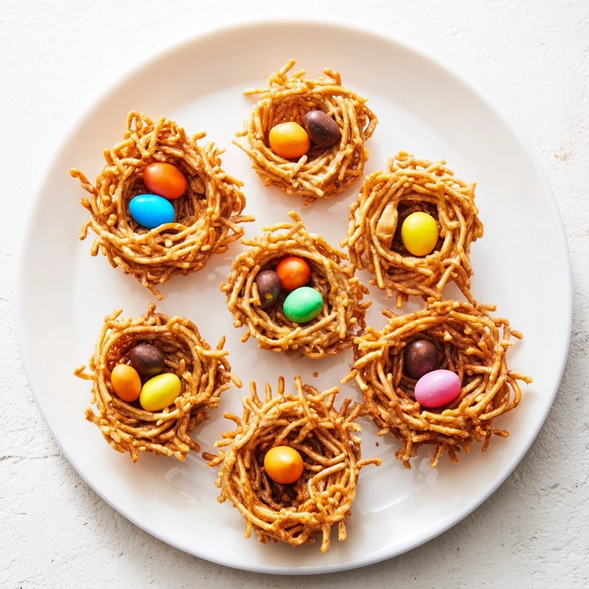 Delightful Easter Birds Nest Cookies with Peanut Butter and Chocolate are topped with pastel candy eggs on a white plate.