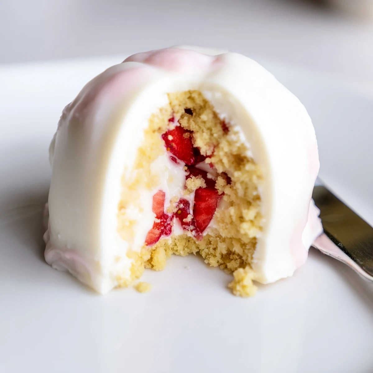 Vibrant white chocolate Easter egg bombs filled with fluffy shortcake, macerated strawberries, and whipped cream.