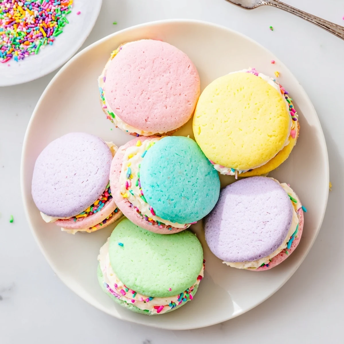 Pastel Sugar Cookie Sandwiches with creamy vanilla buttercream filling, arranged on a pastel pink plate.