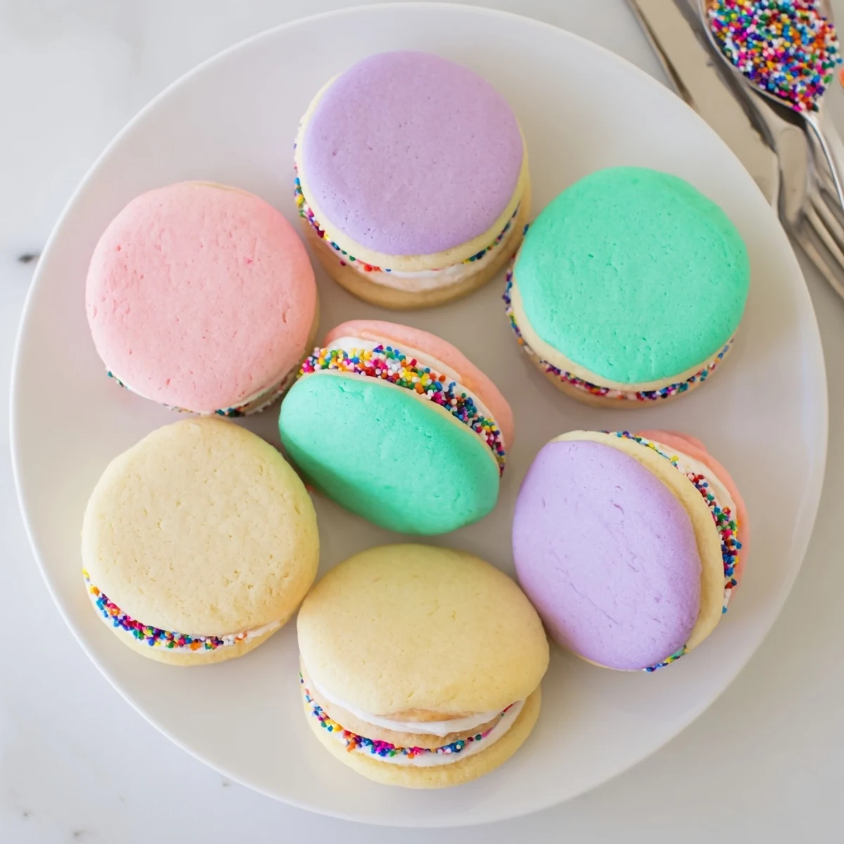 Pastel Sugar Cookie Sandwiches stacked high, sprinkles decorating the edges, perfect for an Easter dessert platter.