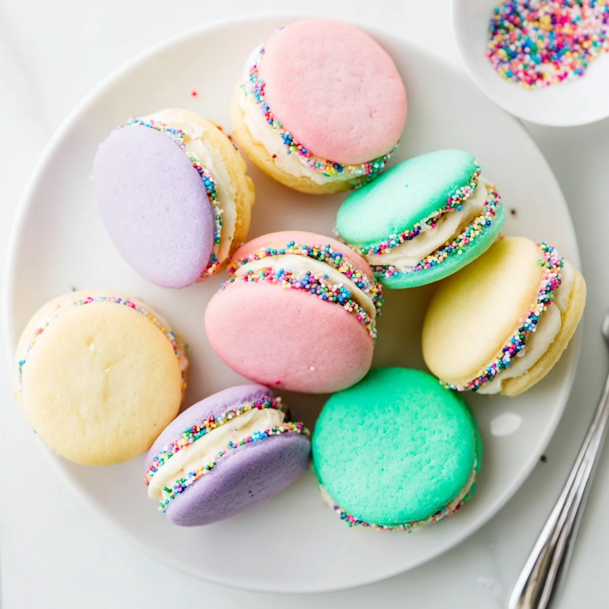 Brightly colored Pastel Sugar Cookie Sandwiches with soft vanilla frosting, ready to serve at a festive party.