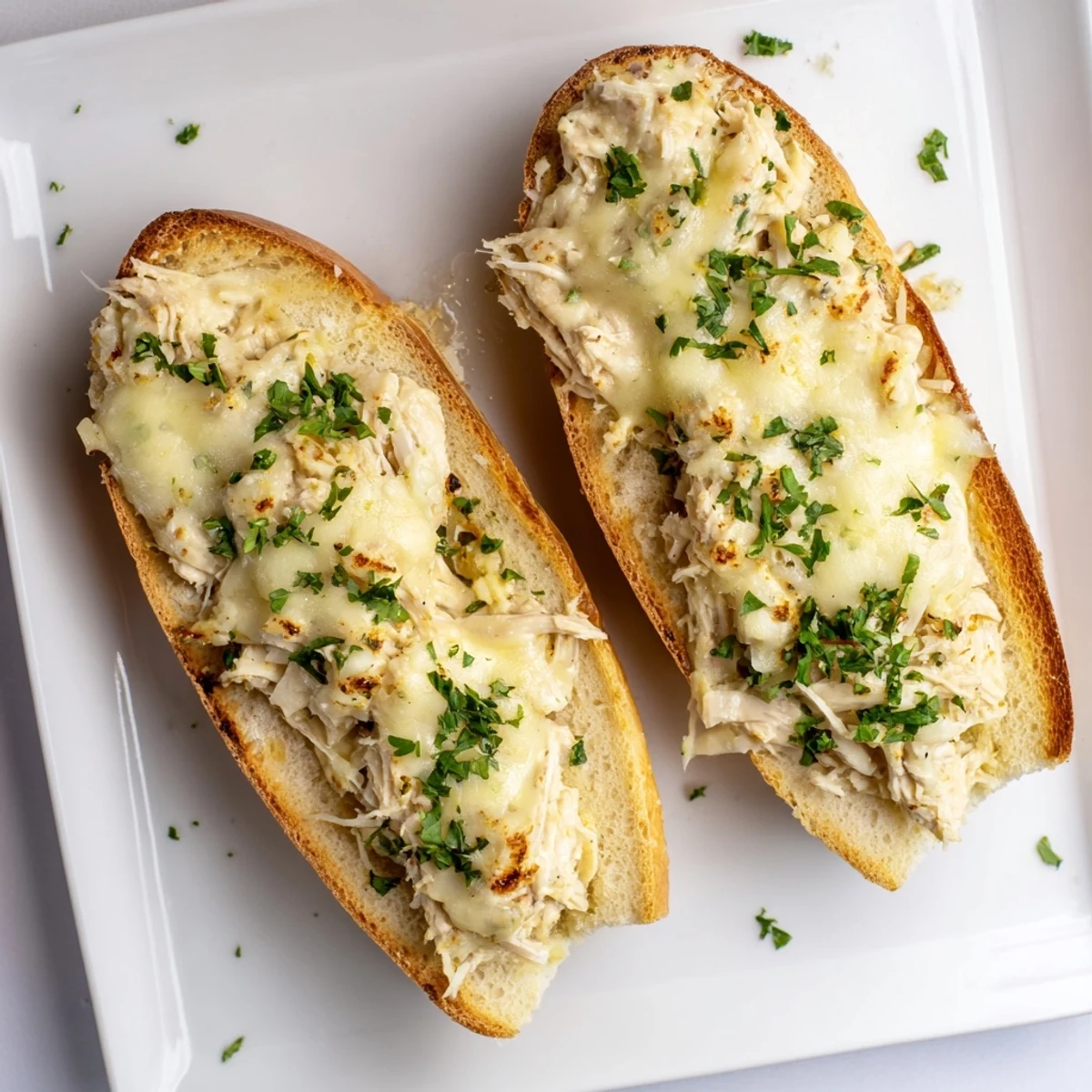 Golden melted mozzarella and provolone top the savory viral Chicken Alfredo Garlic Bread, served warm on a rustic cutting board.
