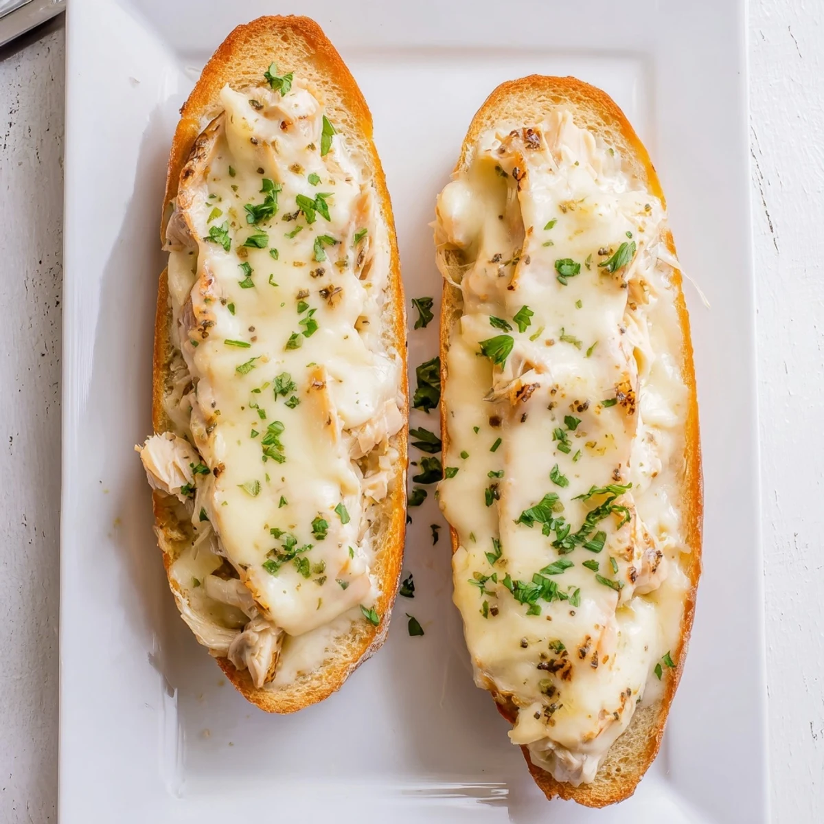 The viral Chicken Alfredo Garlic Bread emerges from the oven with bubbly cheese and a buttery, herb infused crust on the baguette.