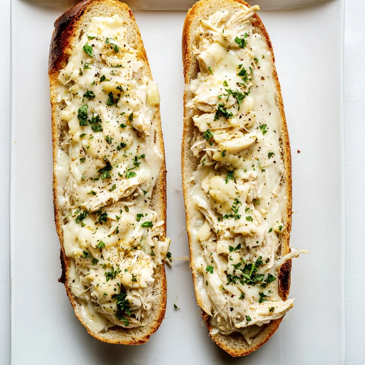 Sliced into generous portions, the viral Chicken Alfredo Garlic Bread reveals creamy chicken Alfredo tucked inside the cheesy garlic bread base.