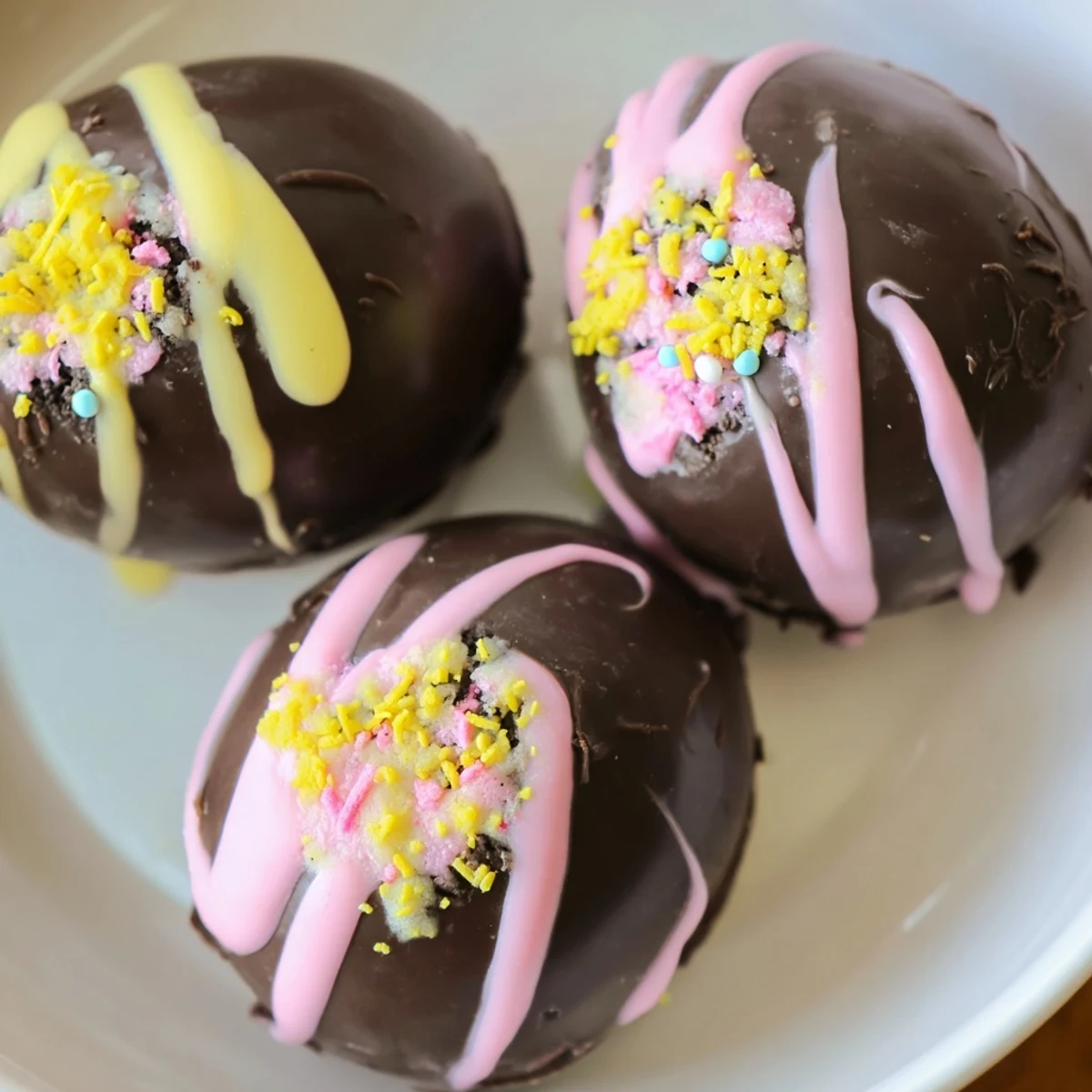 Creamy Easter Egg Oreo Balls on a pastel plate, showcasing smooth chocolate coating and decorative sprinkles for a festive spring dessert.