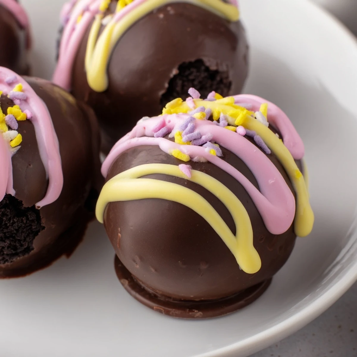 These adorable Easter Egg Oreo Balls are decorated with colorful drizzles, sitting on a marble surface ready for a party platter.