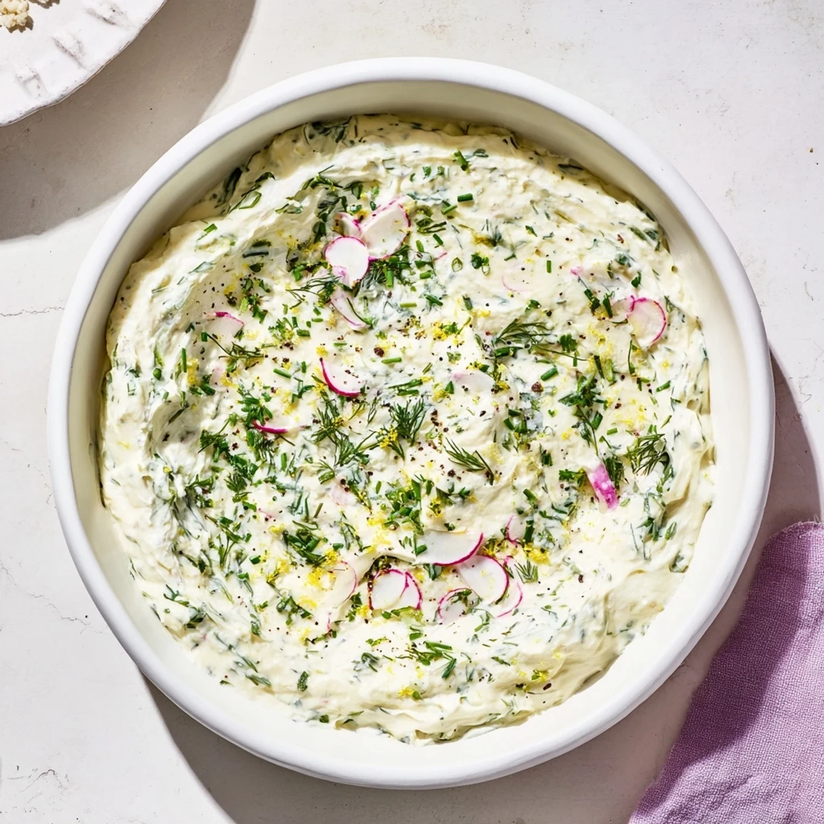 A close-up view of Simple Easter Herb Cheese Dip served with crunchy radish slices and multigrain crackers for dipping.