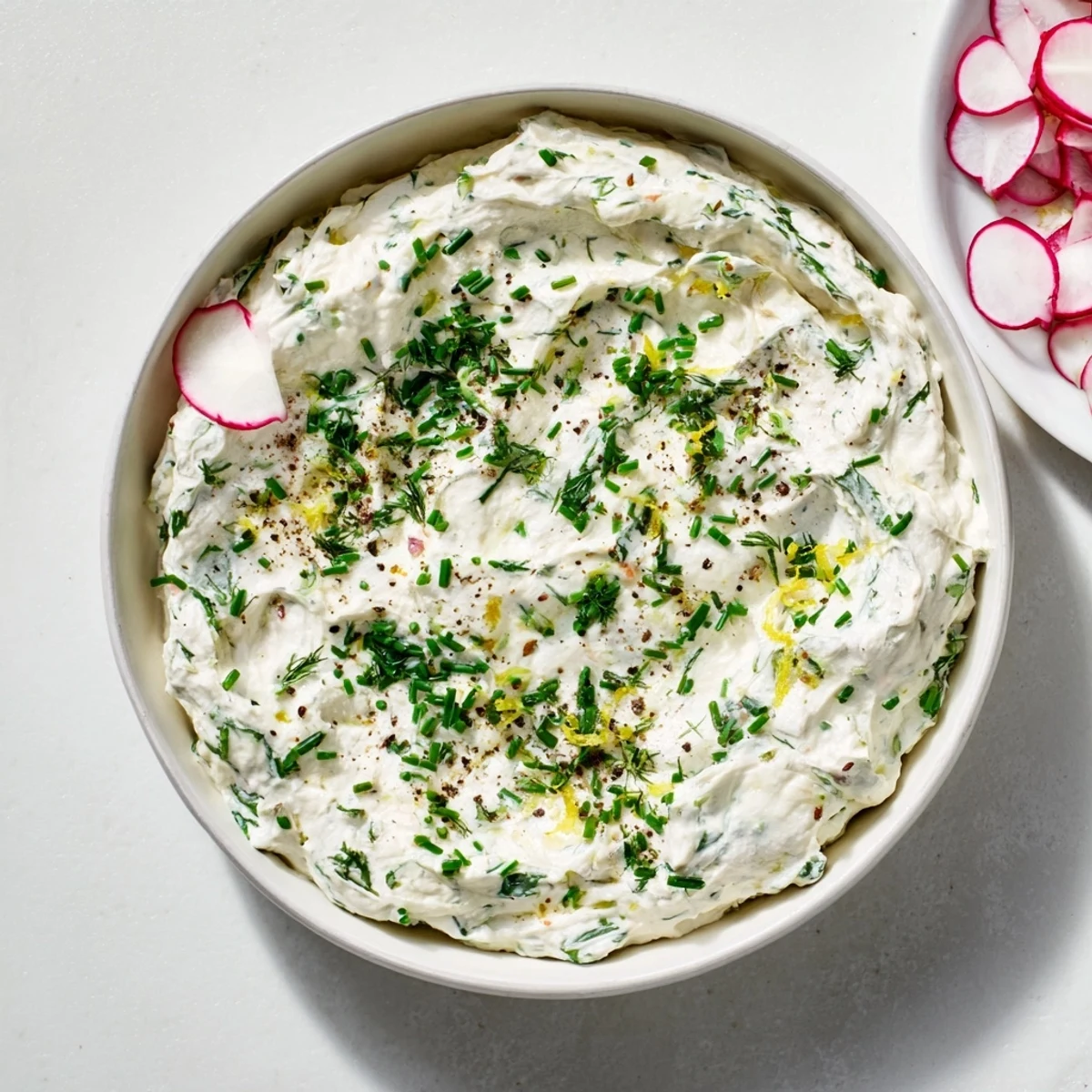 Creamy Simple Easter Herb Cheese Dip in a serving dish, surrounded by colorful spring vegetables like carrots and bell peppers.