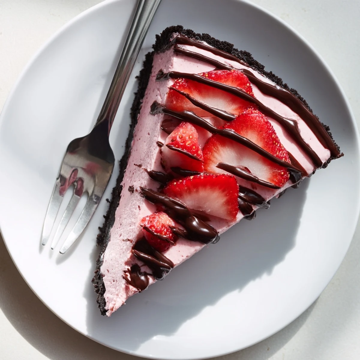 A slice of Chocolate Covered Strawberry Cheesecake on a white plate, topped with fresh strawberries and chocolate drizzle.