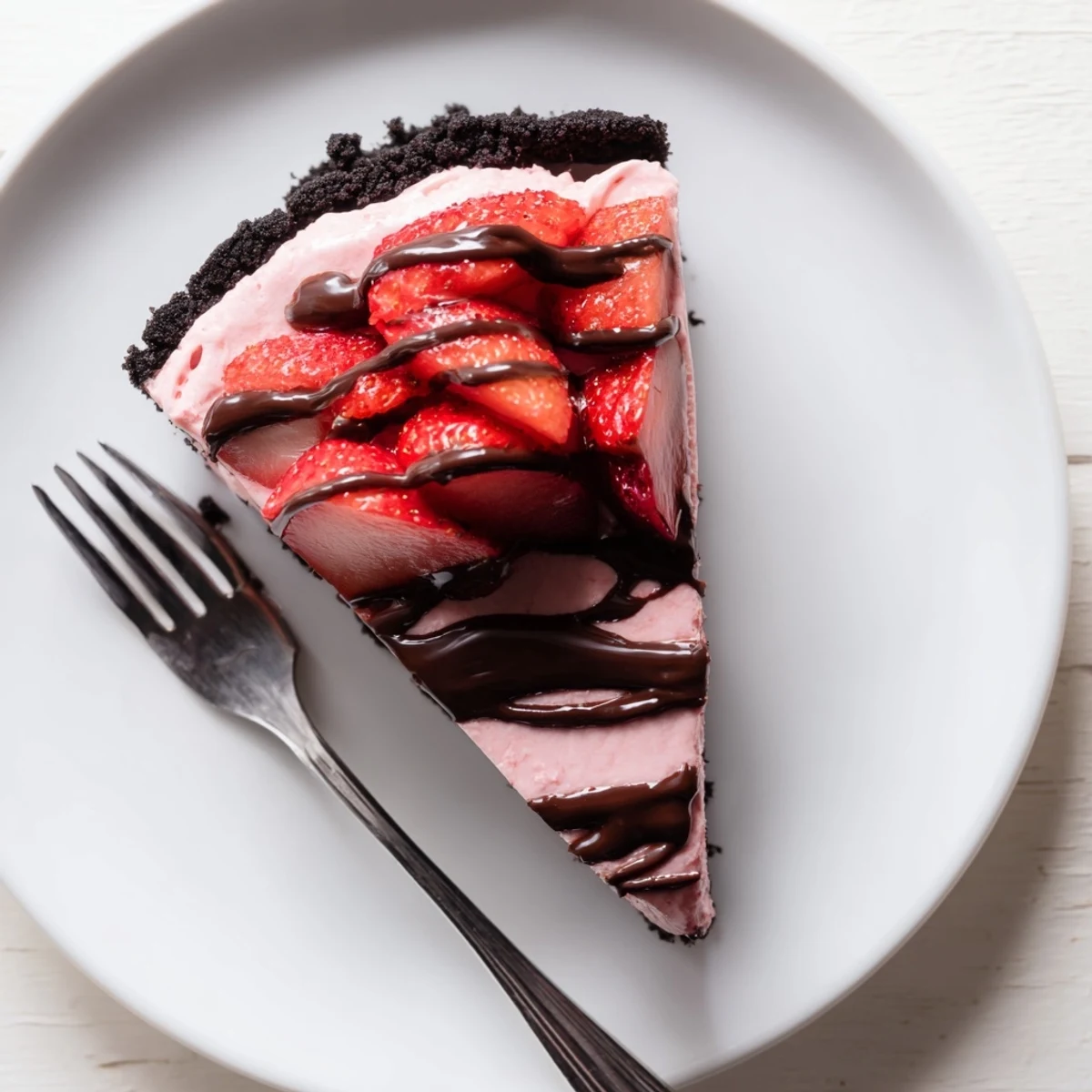 A decadent Chocolate Covered Strawberry Cheesecake with a chocolate cookie crust and creamy strawberry filling.