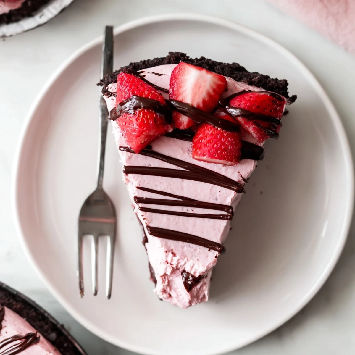 Fresh halved strawberries garnish the rich Chocolate Covered Strawberry Cheesecake, ready to serve at a celebration.