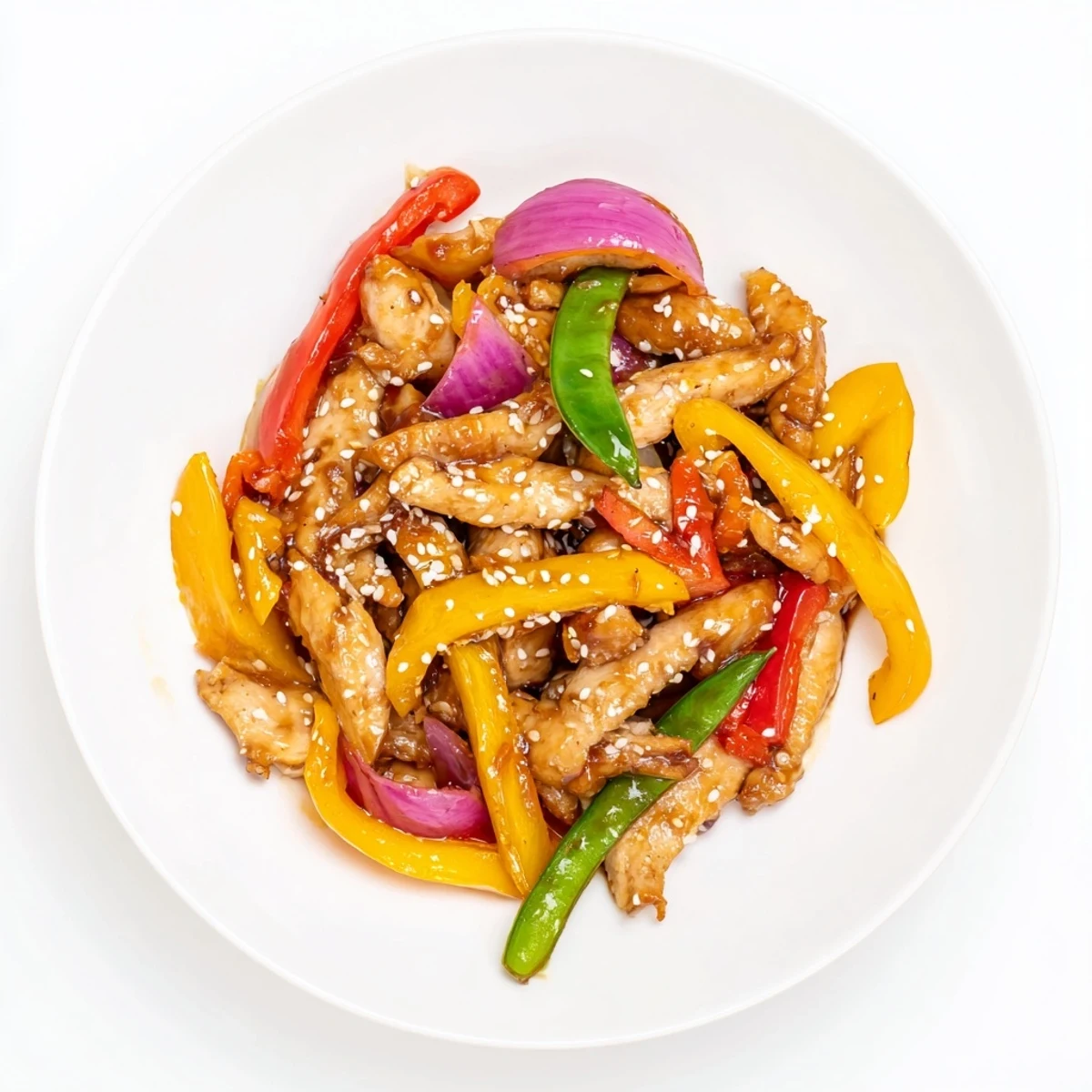 Golden-brown chicken strips coated in sticky sweet chili sauce mingle with crisp red bell peppers and snap peas in a hot wok.