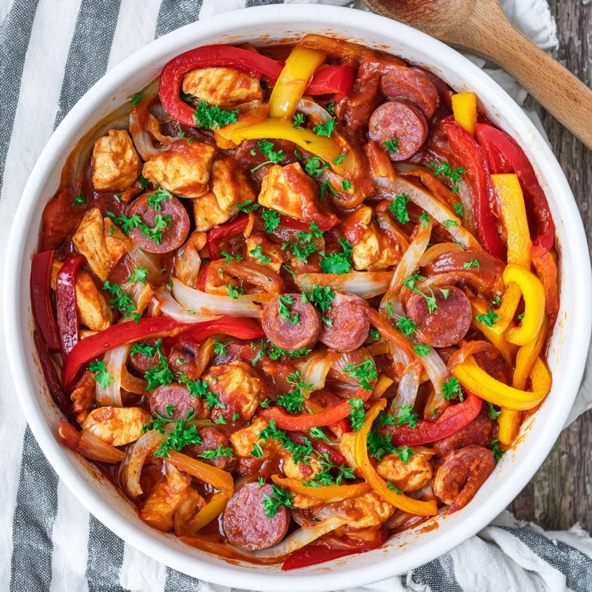 Golden-brown chicken thighs and sliced smoky chorizo simmer in a rich tomato sauce with colorful red and yellow bell peppers in the one-pan Capsicum, Tomato, and Chicken with Chorizo dinner. 